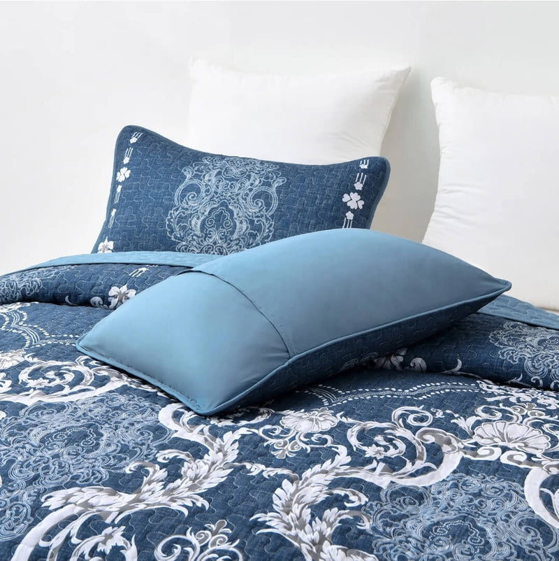 Blueish Flower Coverlet Set-Quilted Bedspread Sets (3Pcs)