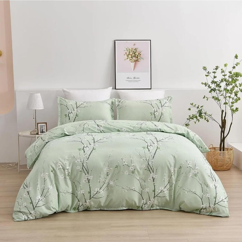 Light Green Floral Quilt Cover - Ultra Soft Doona/Duvet Cover Set 2xPillowcases