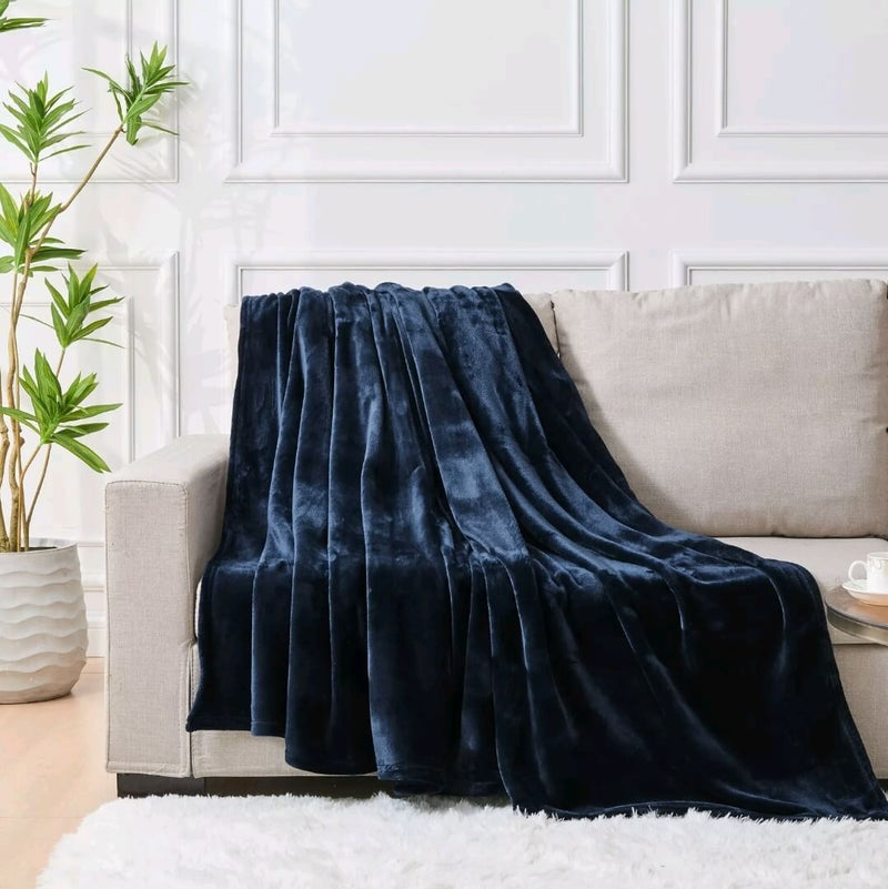 Flannel Fleece Blanket - Cuddly Plush Sofa Throw (Navy)