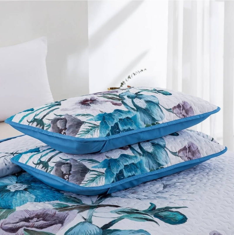 Dark Blue Floral Coverlet Set-Quilted Bedspread Sets (3Pcs)