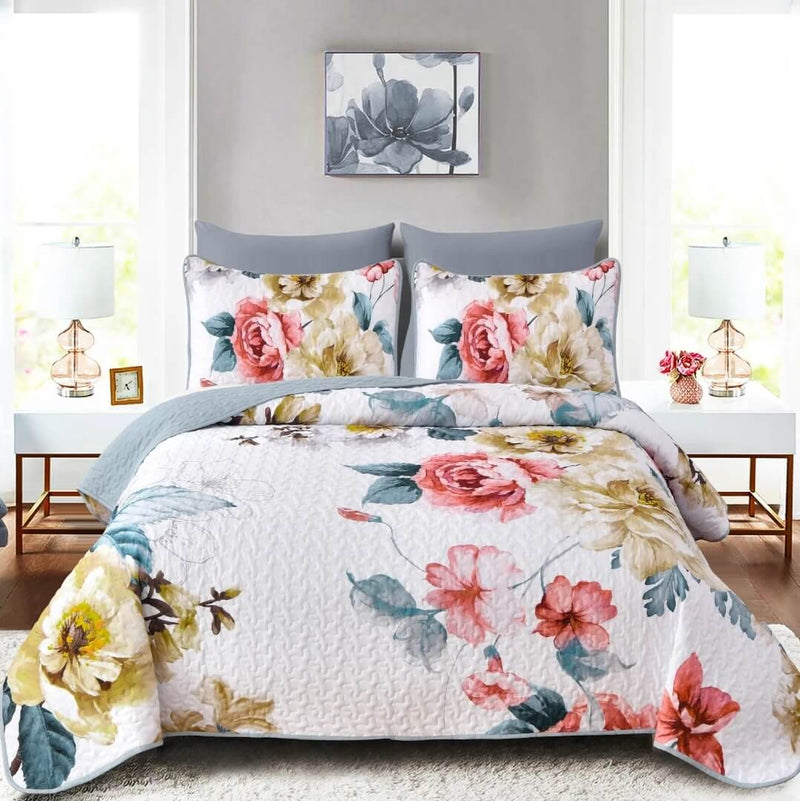 Greyish Flower Coverlet Set-Quilted Bedspread Sets (3Pcs)