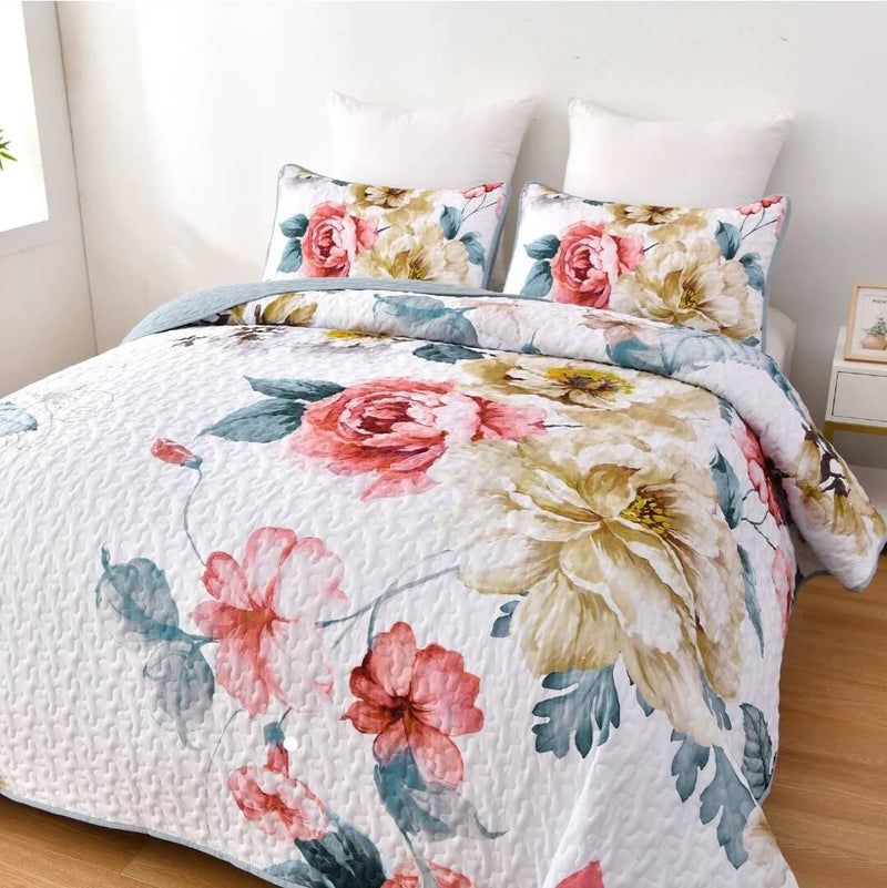 Greyish Flower Coverlet Set-Quilted Bedspread Sets (3Pcs)