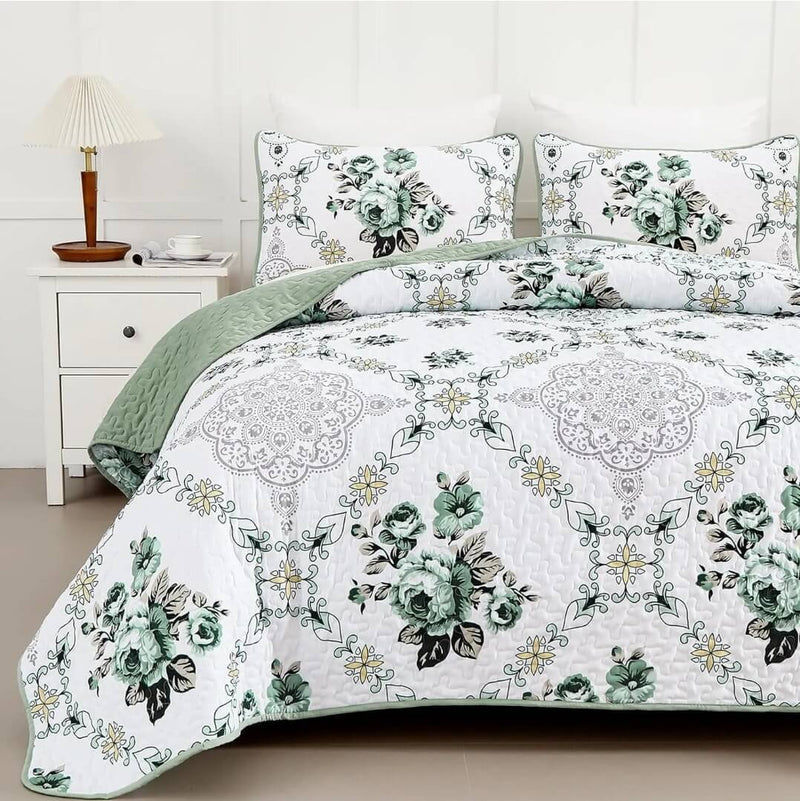 Floral Green Bedspread Coverlet Set-Quilted Bedspread Sets (3Pcs)