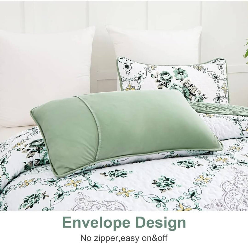 Floral Green Bedspread Coverlet Set-Quilted Bedspread Sets (3Pcs)