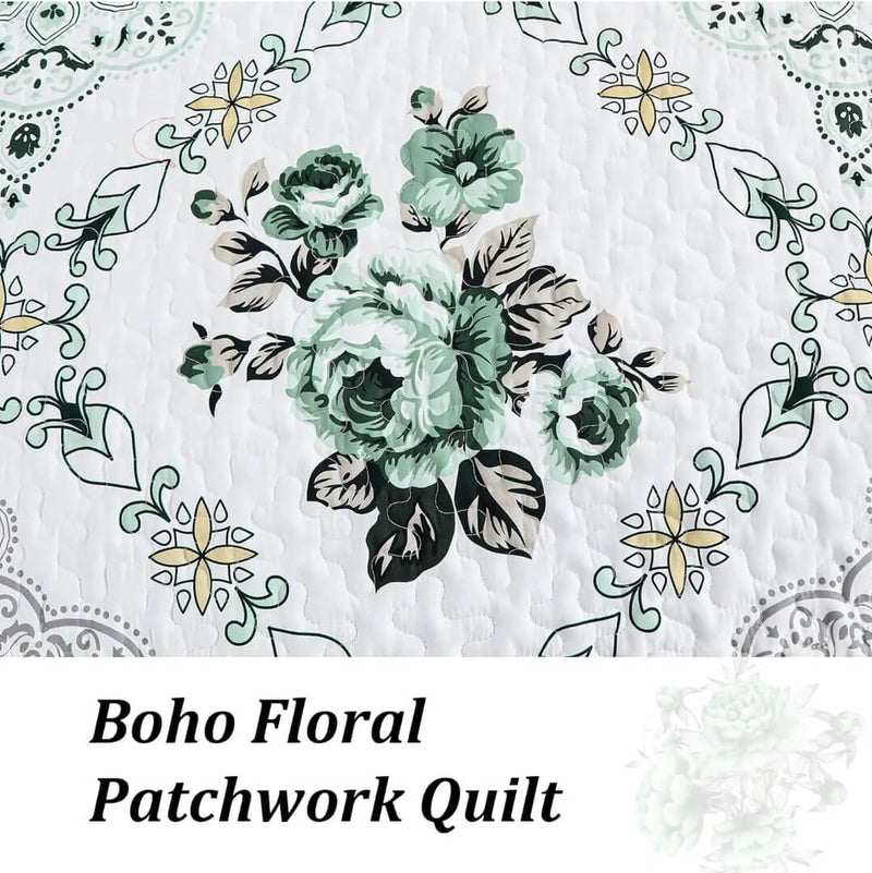 Floral Green Light Coverlet Set-Quilted Bedspread Sets (3Pcs)