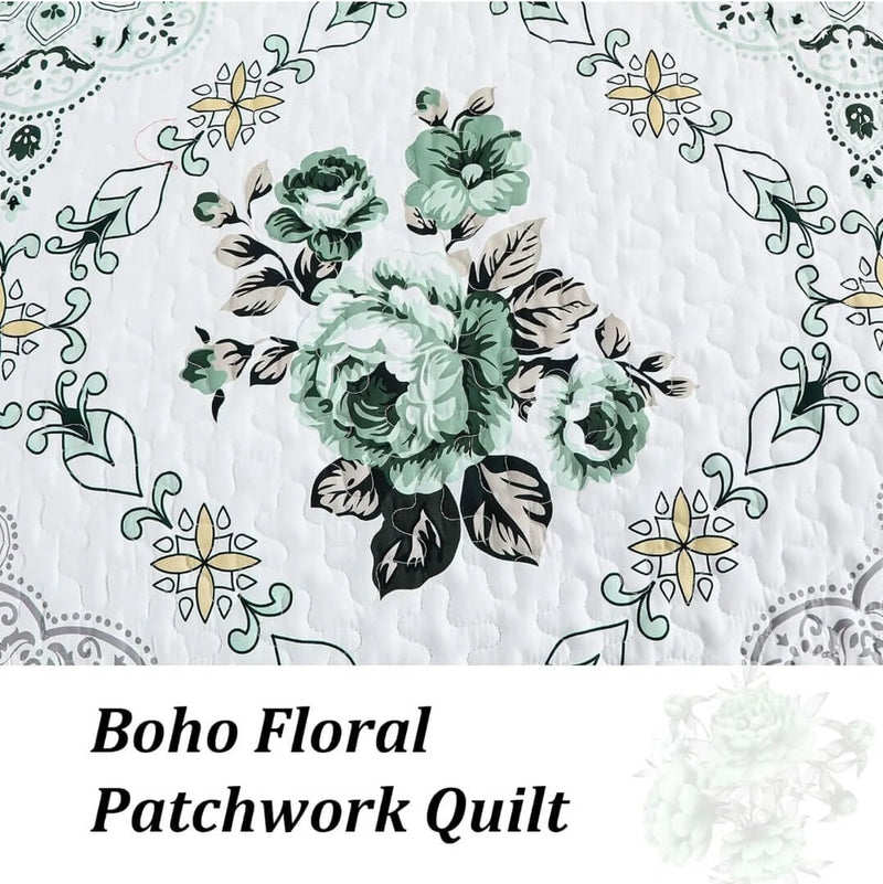 Floral Green Bedspread Coverlet Set-Quilted Bedspread Sets (3Pcs)