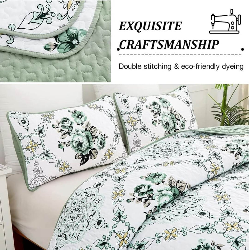 Floral Green Bedspread Coverlet Set-Quilted Bedspread Sets (3Pcs)