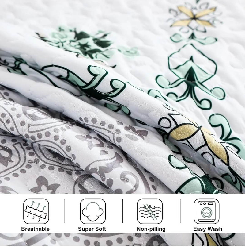 Floral Green Bedspread Coverlet Set-Quilted Bedspread Sets (3Pcs)