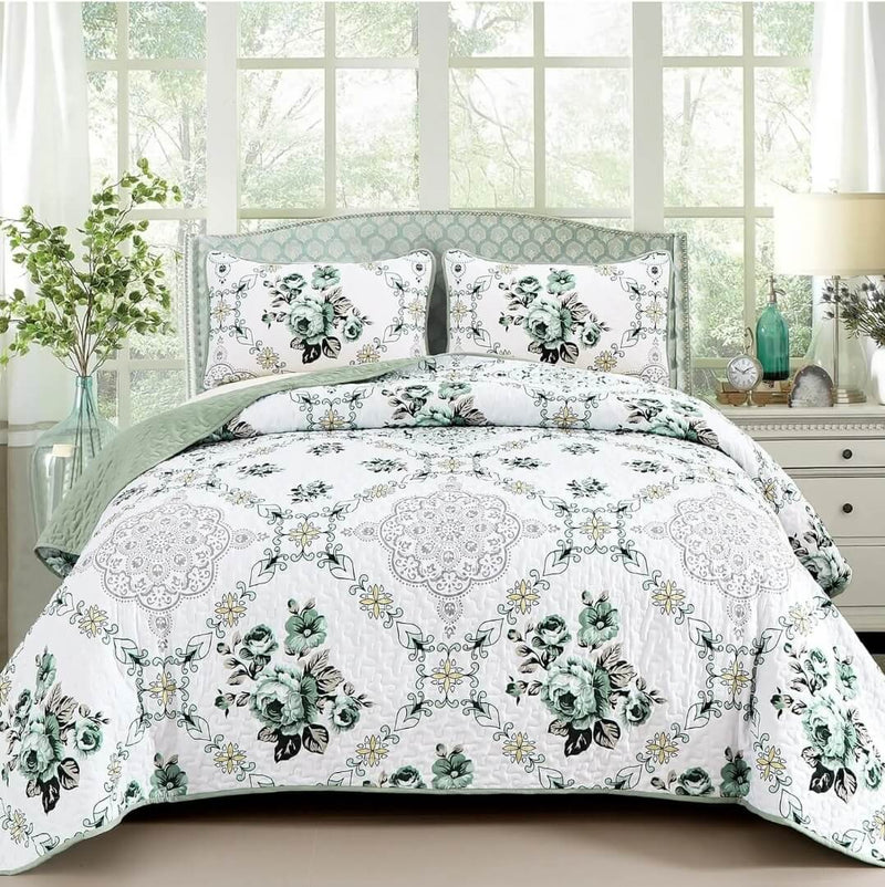 Floral Green Bedspread Coverlet Set-Quilted Bedspread Sets (3Pcs)