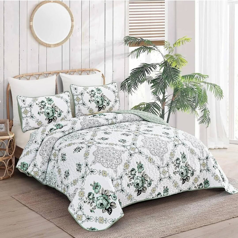 Floral Green Bedspread Coverlet Set-Quilted Bedspread Sets (3Pcs)
