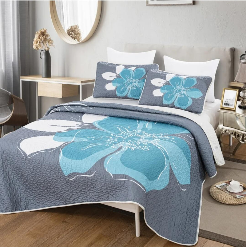 Greyish Sky-Blue Quilted Bedspread Coverlet Sets (3Pcs)