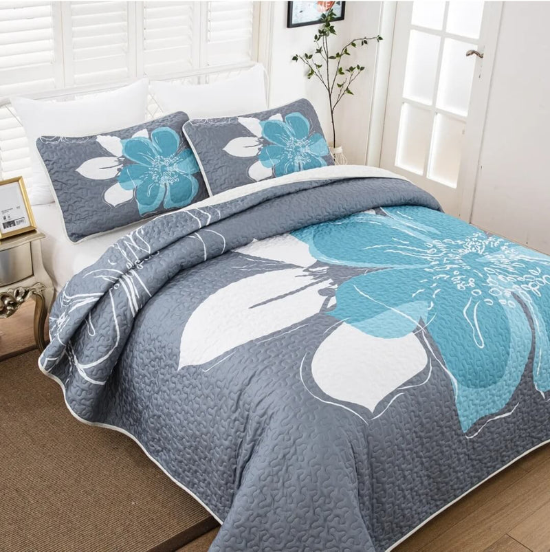 Greyish Sky-Blue Quilted Bedspread Coverlet Sets (3Pcs)