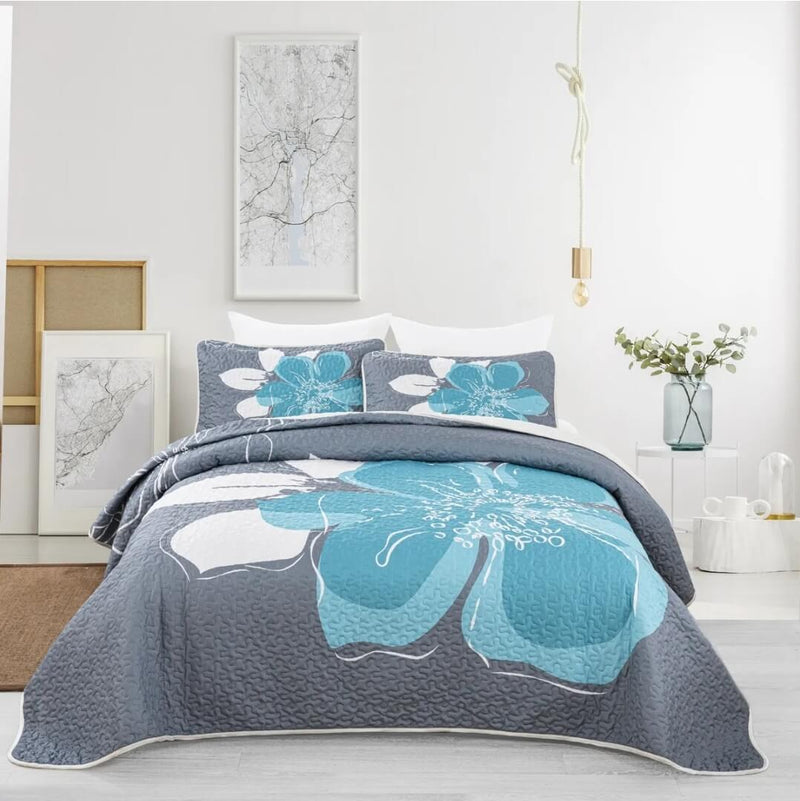 Greyish Sky-Blue Quilted Bedspread Coverlet Sets (3Pcs)