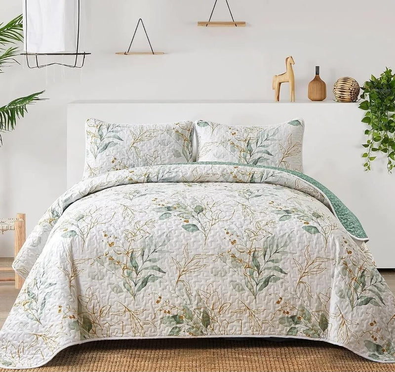 Green Floral Quilted Bedspread Coverlet Set – (3Pcs)