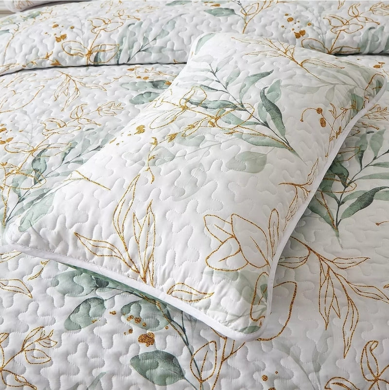 Green Floral Quilted Bedspread Coverlet Set – (3Pcs)