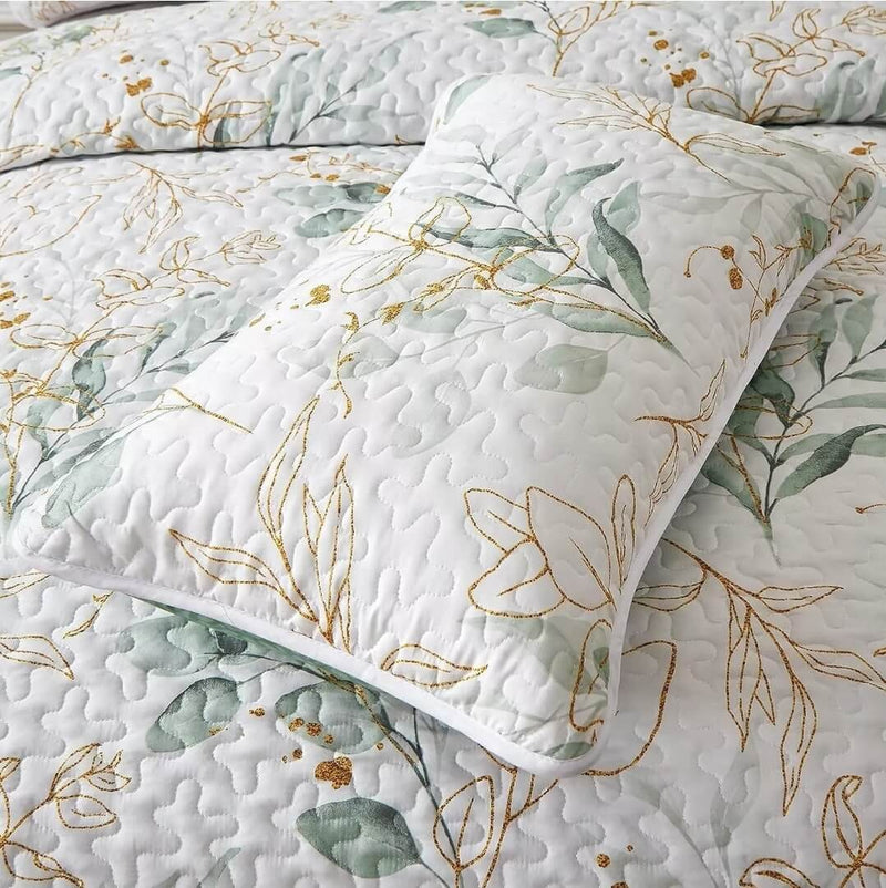 Green Floral Quilted Bedspread Coverlet Set – (3Pcs)
