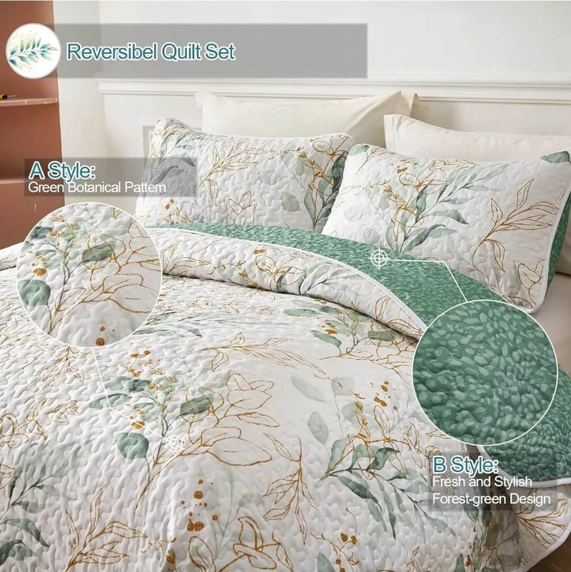 Green Floral Quilted Bedspread Coverlet Set – (3Pcs)