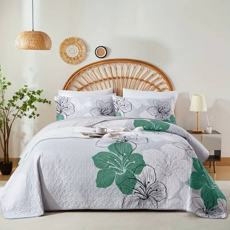 Green Floral Coverlet Set-Floral Quilted Bedspread Sets (3Pcs)