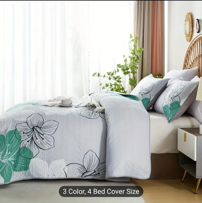 Green Floral Coverlet Set-Floral Quilted Bedspread Sets (3Pcs)