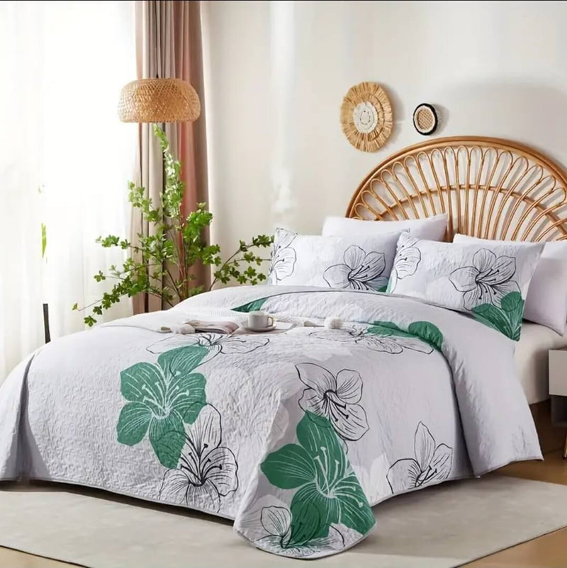 Green Floral Coverlet Set-Floral Quilted Bedspread Sets (3Pcs)