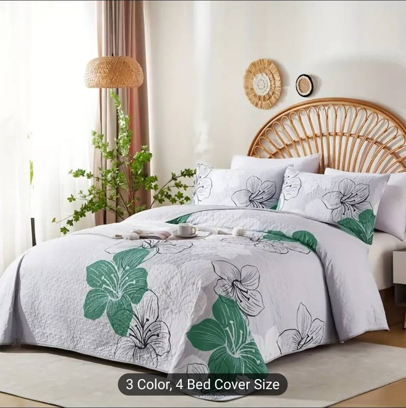 Green Floral Coverlet Set-Floral Quilted Bedspread Sets (3Pcs)