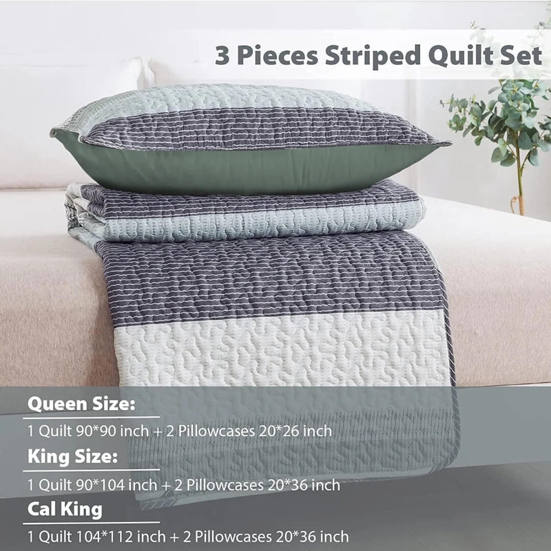 New Green Striped Coverlet Set-Quilted Bedspread Sets (3Pcs)