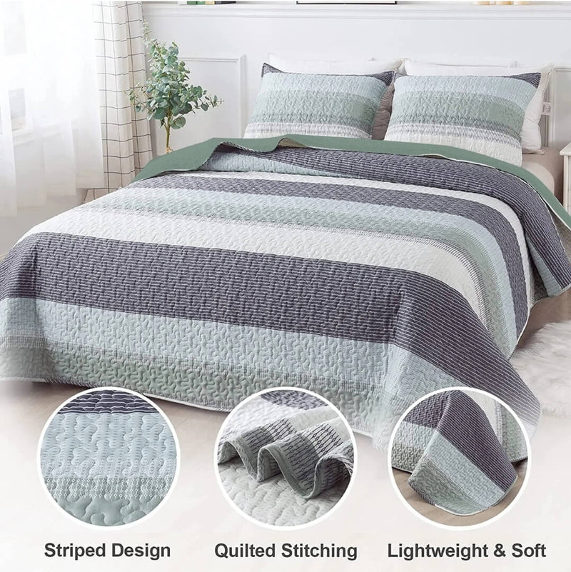 New Green Striped Coverlet Set-Quilted Bedspread Sets (3Pcs)