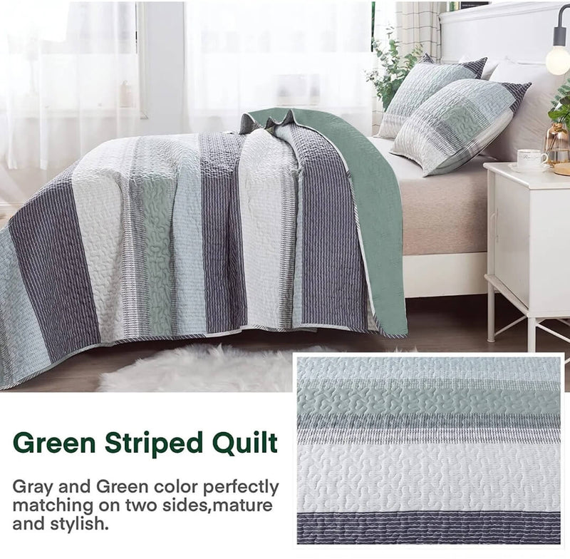 New Green Striped Coverlet Set-Quilted Bedspread Sets (3Pcs)