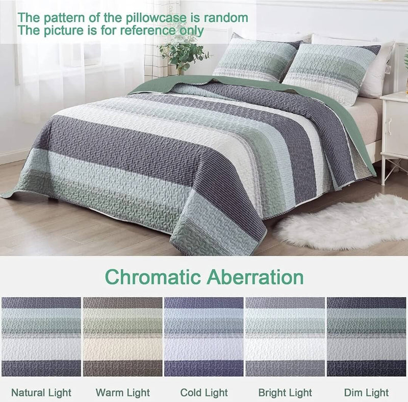 New Green Striped Coverlet Set-Quilted Bedspread Sets (3Pcs)