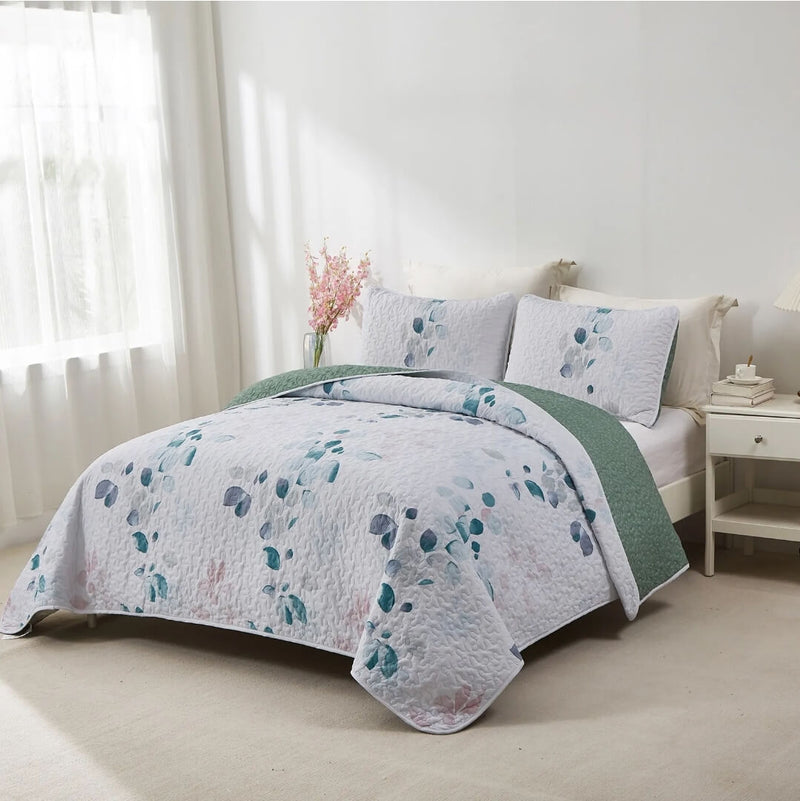 Sea Green Patchwork Coverlet Set-Quilted Bedspread Sets (3Pcs)