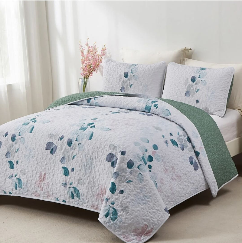 Sea Green Patchwork Coverlet Set-Quilted Bedspread Sets (3Pcs)