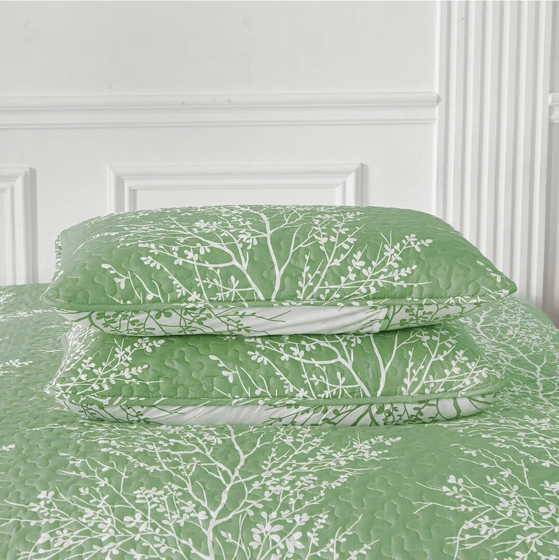 Green Floral Coverlet Set-Floral Quilted Bedspread Sets (3Pcs)