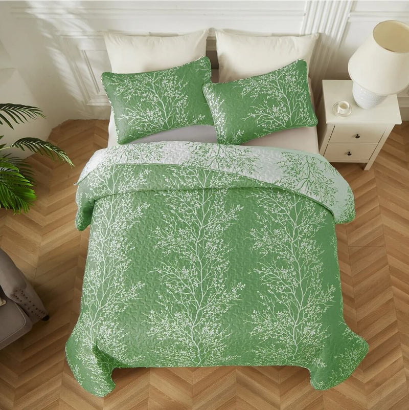 Green Floral Coverlet Set-Floral Quilted Bedspread Sets (3Pcs)