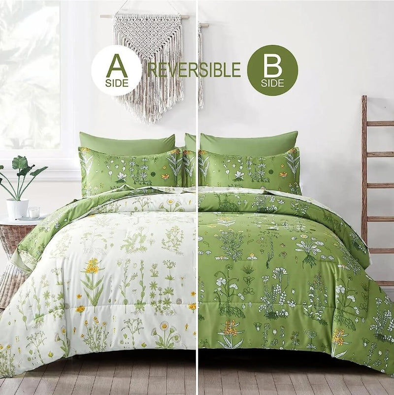 Green Botanical Comforter Set-Quilt Set (3Pcs)