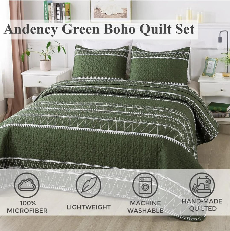 Dark Green Coverlet Set-Quilted Bedspread Sets (3Pcs)