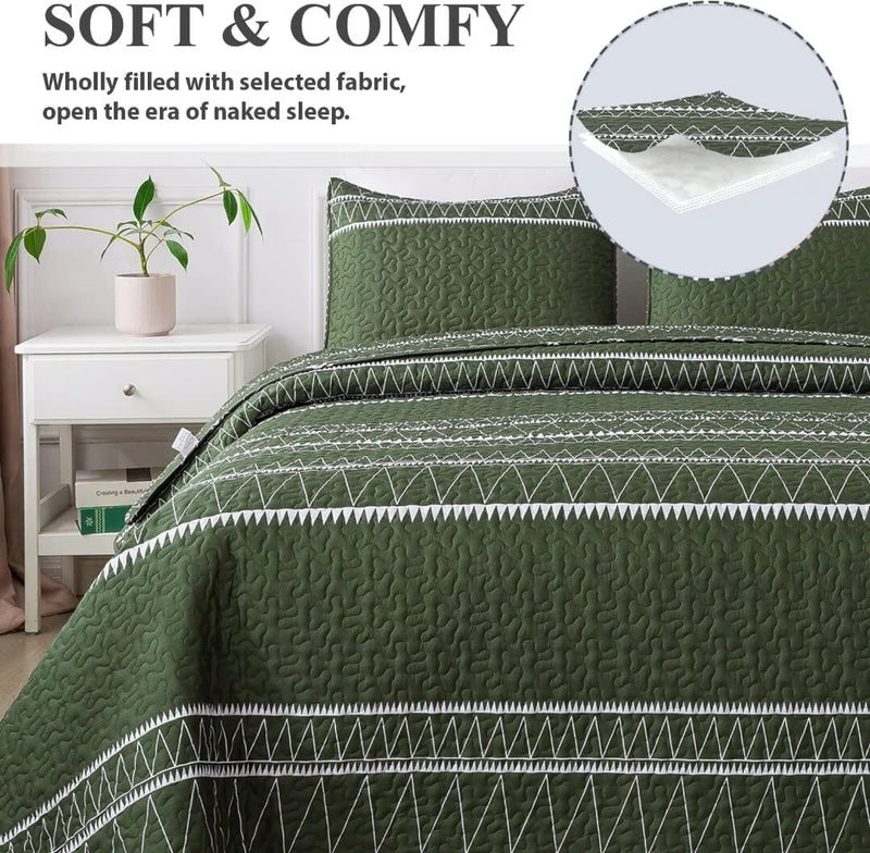 Dark Green Coverlet Set-Quilted Bedspread Sets (3Pcs)