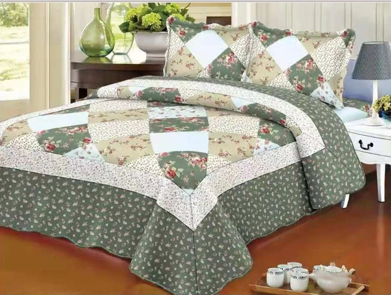 Green Patchwork Coverlet Set II-Floral Quilted Bedspread Sets (3Pcs)