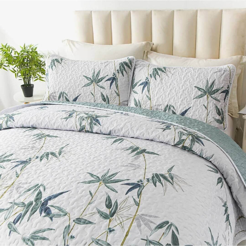 2025 Green Floral Coverlet Set-Quilted Bedspread Sets (3Pcs)