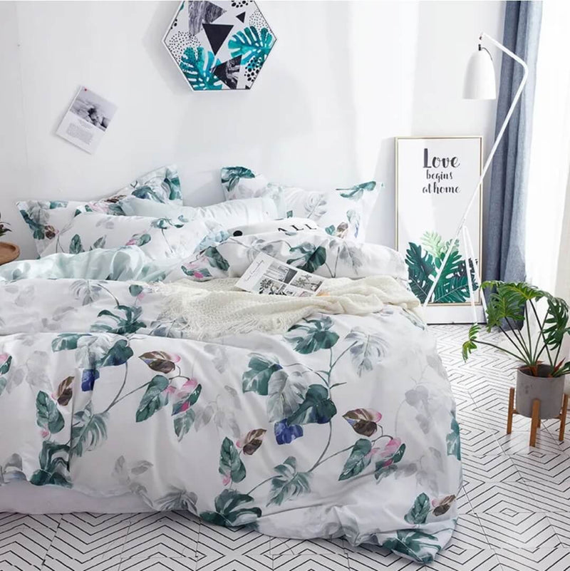 Green Floral Quilt Cover - Ultra Soft Donna/Duvet Cover Set 2xPillowcases
