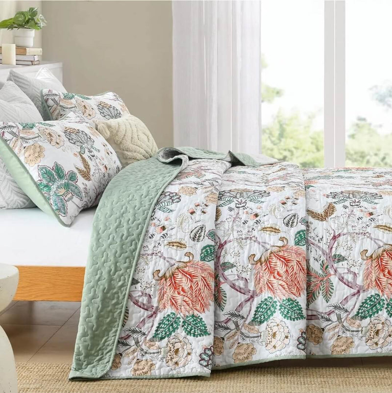 2025 Green Base Coverlet Set-Floral Quilted Bedspread Sets (3Pcs)