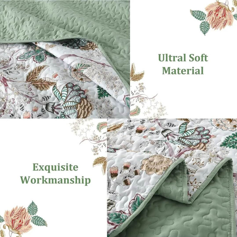 2025 Green Base Coverlet Set-Floral Quilted Bedspread Sets (3Pcs)