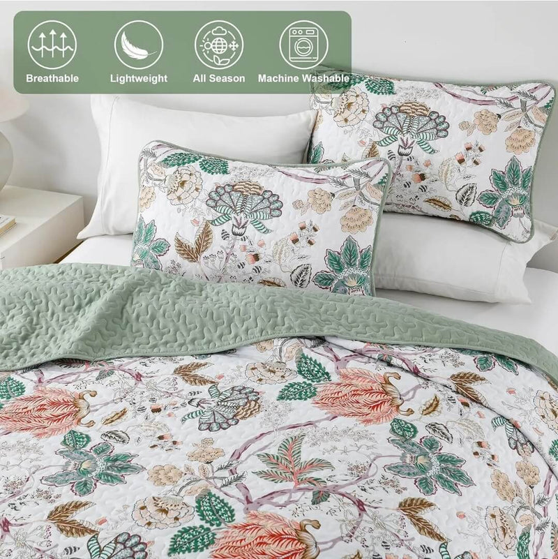 2025 Green Base Coverlet Set-Floral Quilted Bedspread Sets (3Pcs)
