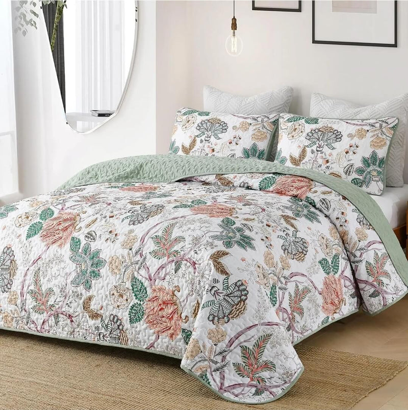 2025 Green Base Coverlet Set-Floral Quilted Bedspread Sets (3Pcs)