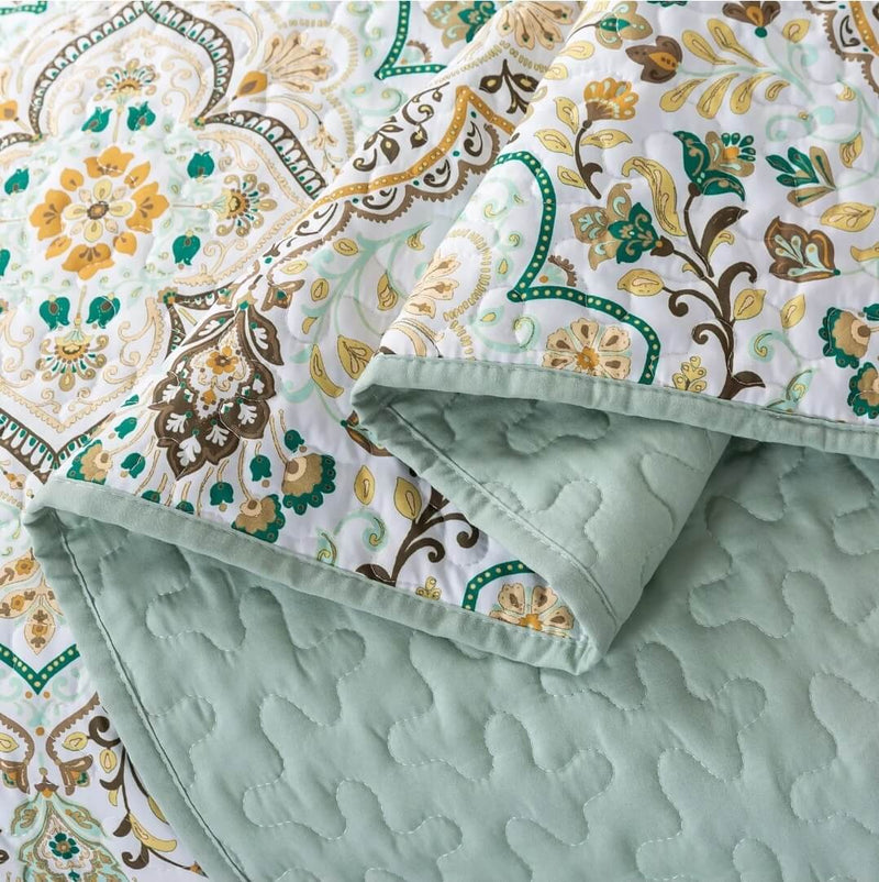 2024 Green INDIAN Coverlet Set-Quilted Bedspread Sets (3Pcs)