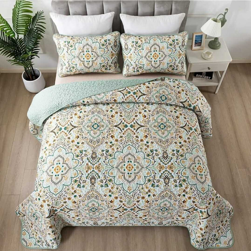 2024 Green INDIAN Coverlet Set-Quilted Bedspread Sets (3Pcs)