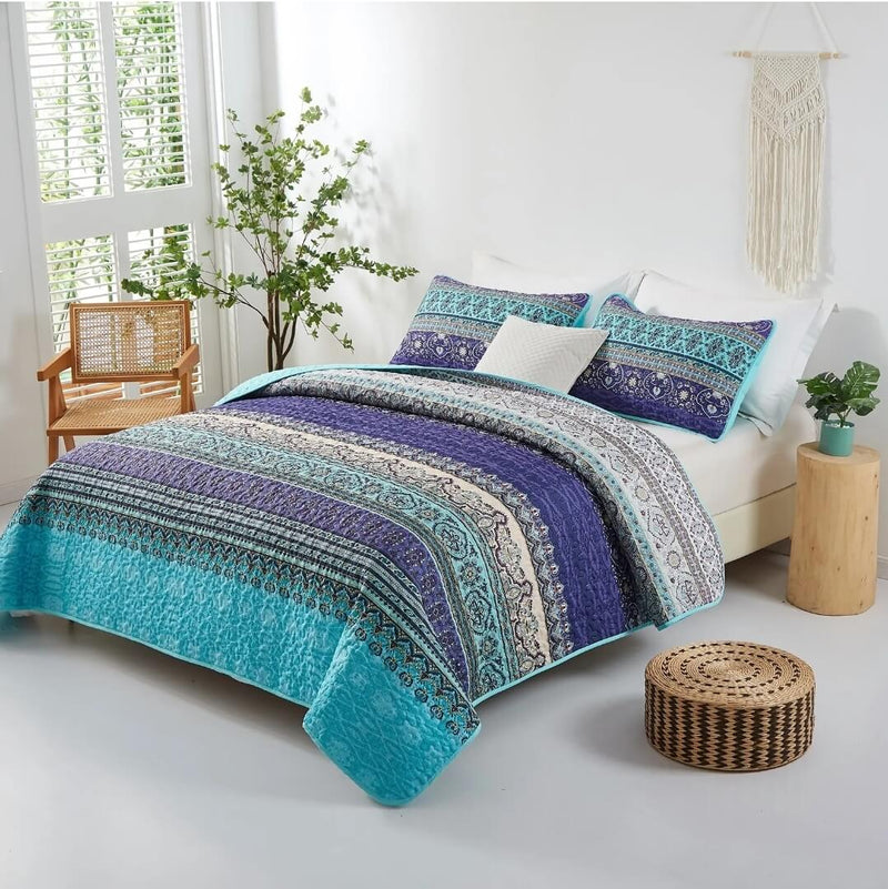 Blue Bohemian Style Coverlet Set-Quilted Bedspread Sets (3Pcs)