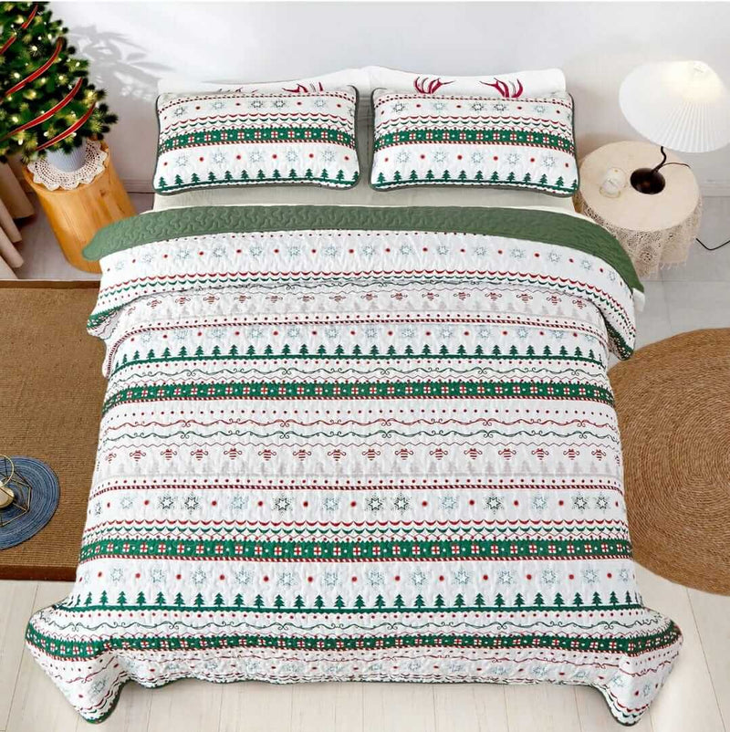Australian Summer Quilt-Green Striped Bedspread Coverlet Set (3Pcs)