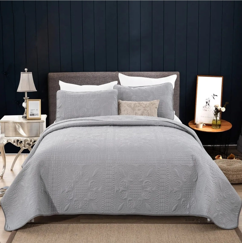 Greyish Patchwork Coverlet Set-Quilted Bedspread Sets (3Pcs)
