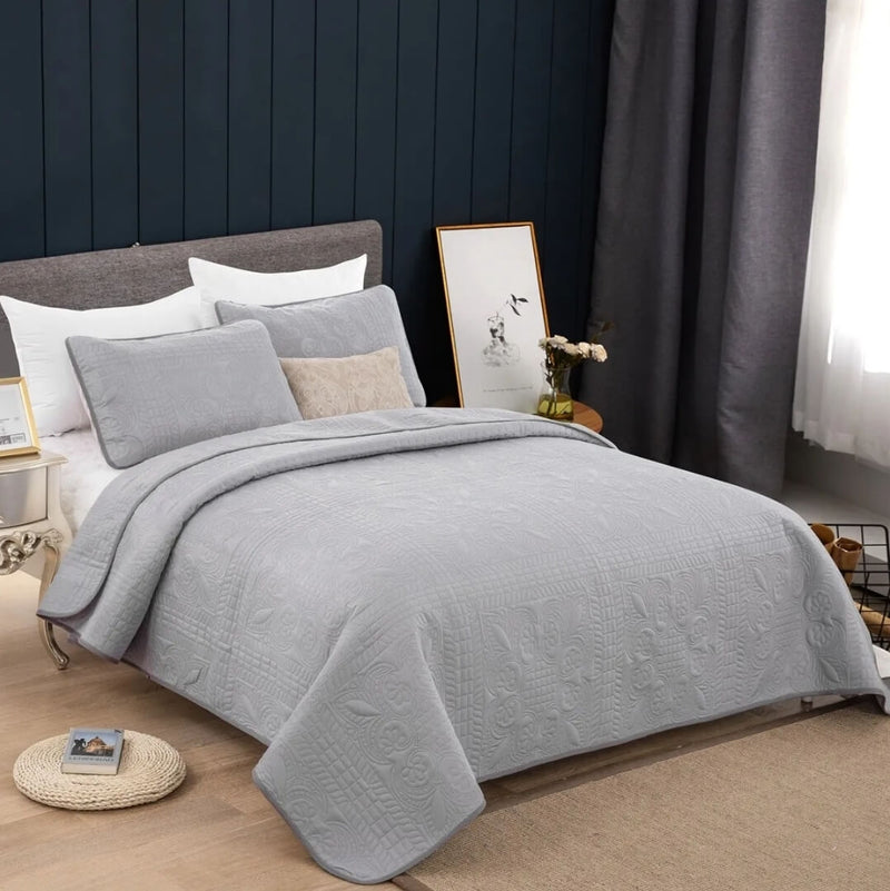 Greyish Patchwork Coverlet Set-Quilted Bedspread Sets (3Pcs)