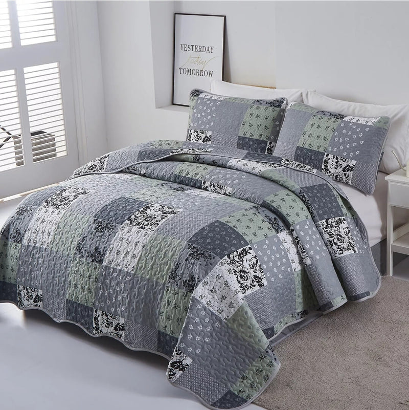 2025 Greyish Patchwork Quilted Bedspread Coverlet Sets (3Pcs)